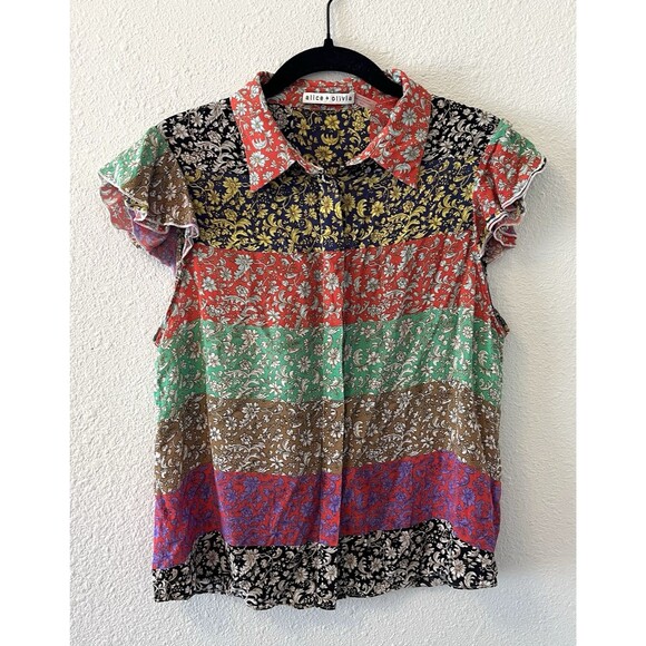 Alice + Olivia Blouse Medium Silk Patchwork Print Multicolor Short Sleeve Boho - Picture 1 of 16